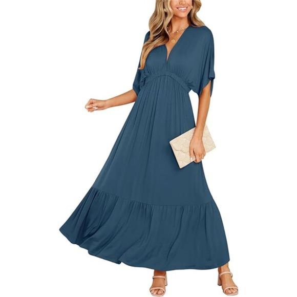 Women’s Summer V Neck Batwing Short Sleeve Loose High Waist Flowy Maxi Dress - Picture 7 of 7